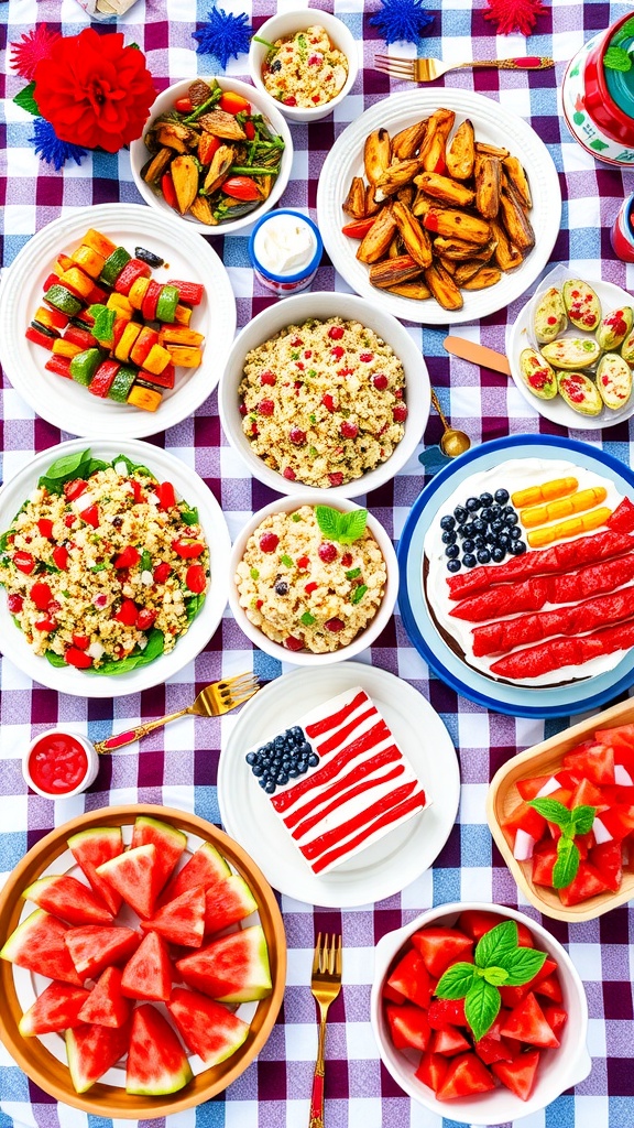 A colorful array of vegan dishes for 4th of July celebration including vegetable skewers, potato salad, quinoa salad, berry flag cake, and watermelon salad.